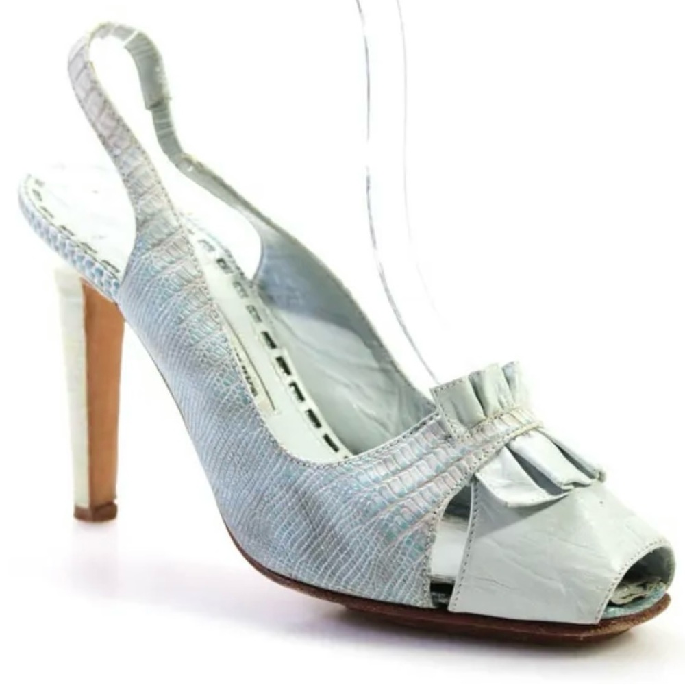 Manolo Blahnik Womens Stiletto Peep Toe Pumps Blue Leather Size 37,  US
